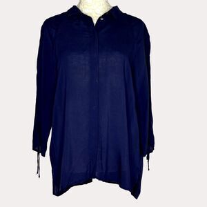 Zara Button Front Woven Blouse Tie Slit Sleeve Navy Blue M am